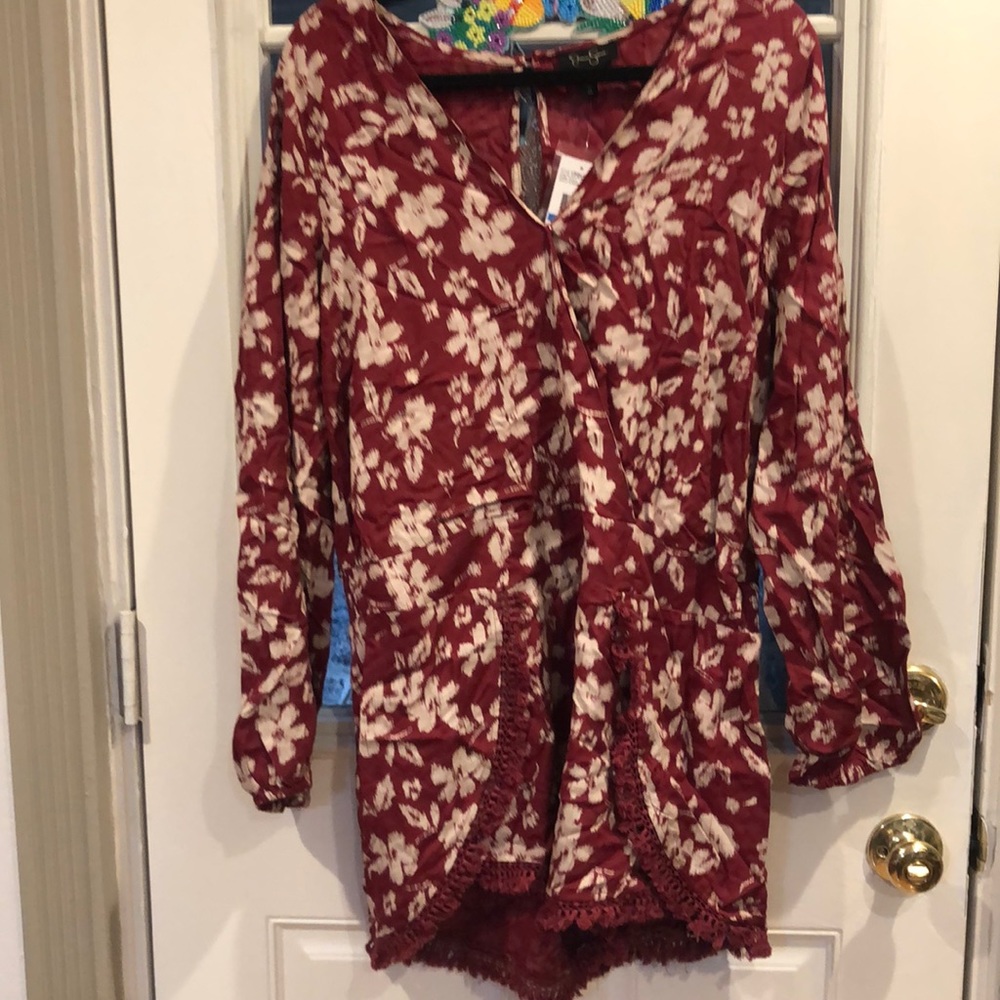 Jessica Simpson Burgundy Ikat Floral Long Sleeve Fringe Romper - XL NWT